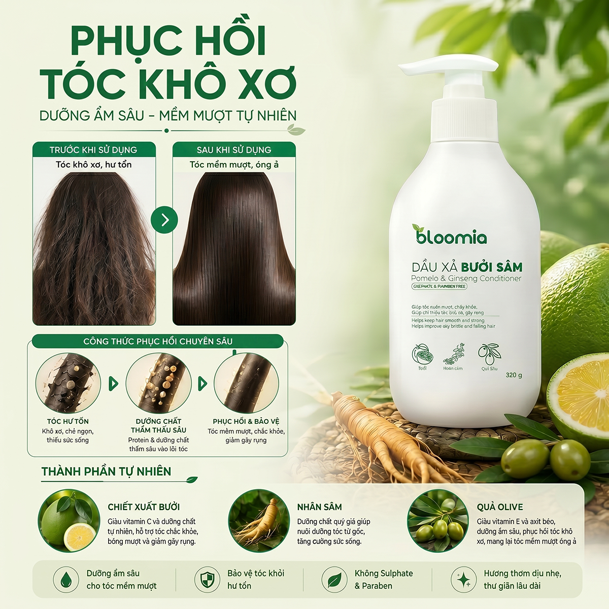 Dầu Xả Thảo Dược Bưởi Sâm Bloomia 320g - Hình ảnh 3