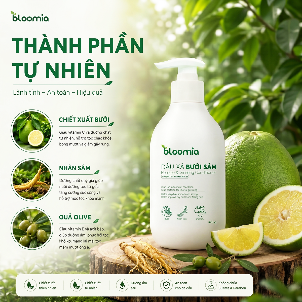 Dầu Xả Thảo Dược Bưởi Sâm Bloomia 320g - Hình ảnh 2